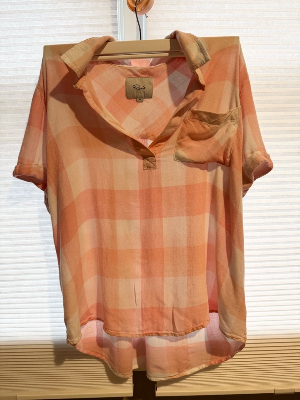 Rails Peach and Cream Plaid Short-Sleeve Pullover Blouse